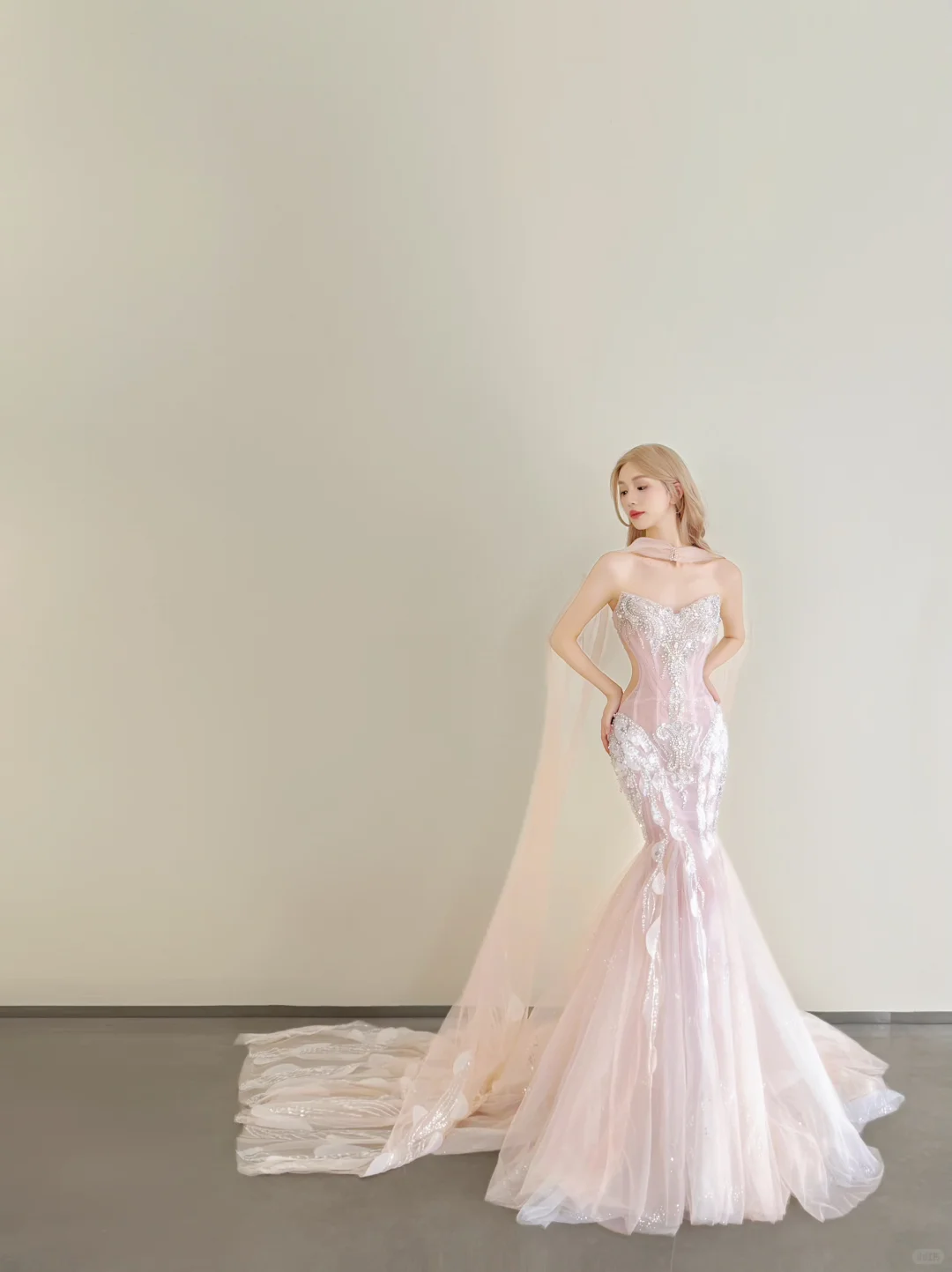 Light Pink Strapless Mermaid Prom Gown Beaded Sequin 3D Petal Tulle Cape  NV7179