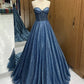 A-Line Sweetheart Neck Tulle Beads Blue Long Prom Dress, Blue Long Formal Dress nv1499