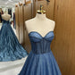 A-Line Sweetheart Neck Tulle Beads Blue Long Prom Dress, Blue Long Formal Dress nv1499
