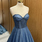 A-Line Sweetheart Neck Tulle Beads Blue Long Prom Dress, Blue Long Formal Dress nv1499