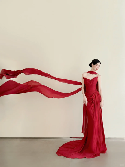 Red Chiffon Strapless Mermaid Evening Gown Pleated With Long Flowing Train  NV7172