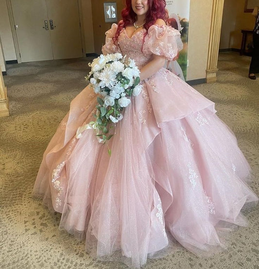 NiceVestidos--Pink exquisite lace floral long floor-length ball gown wedding dress NV5832