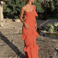 Elegantes, korallen-orangefarbenes, einschultriges, gerüschtes, langes Ballkleid, Abendkleid für Hochzeitsgäste mit gerüschtem Saum, NV2648