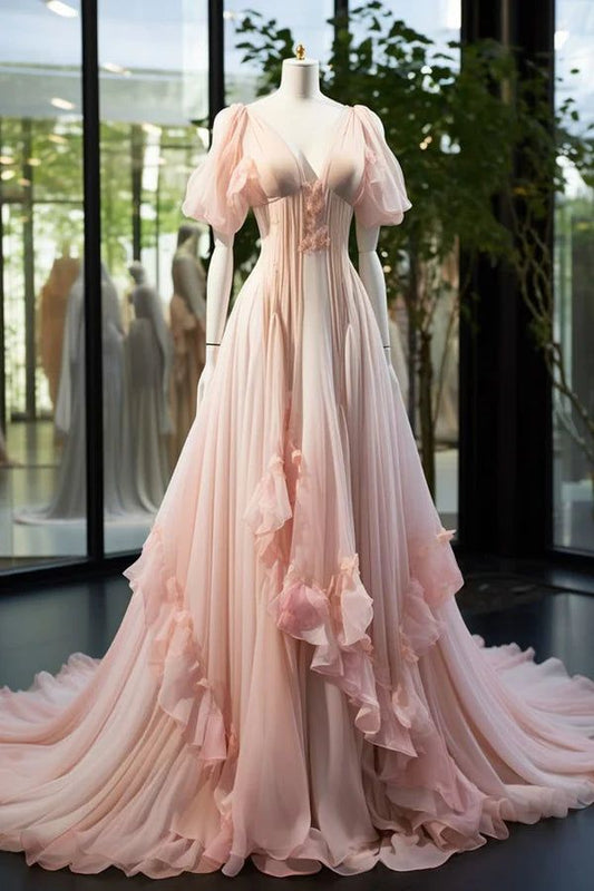 Robe rose romantique française : tulle superposé, coupe ajustée, robe de fée pour les fêtes NV6423