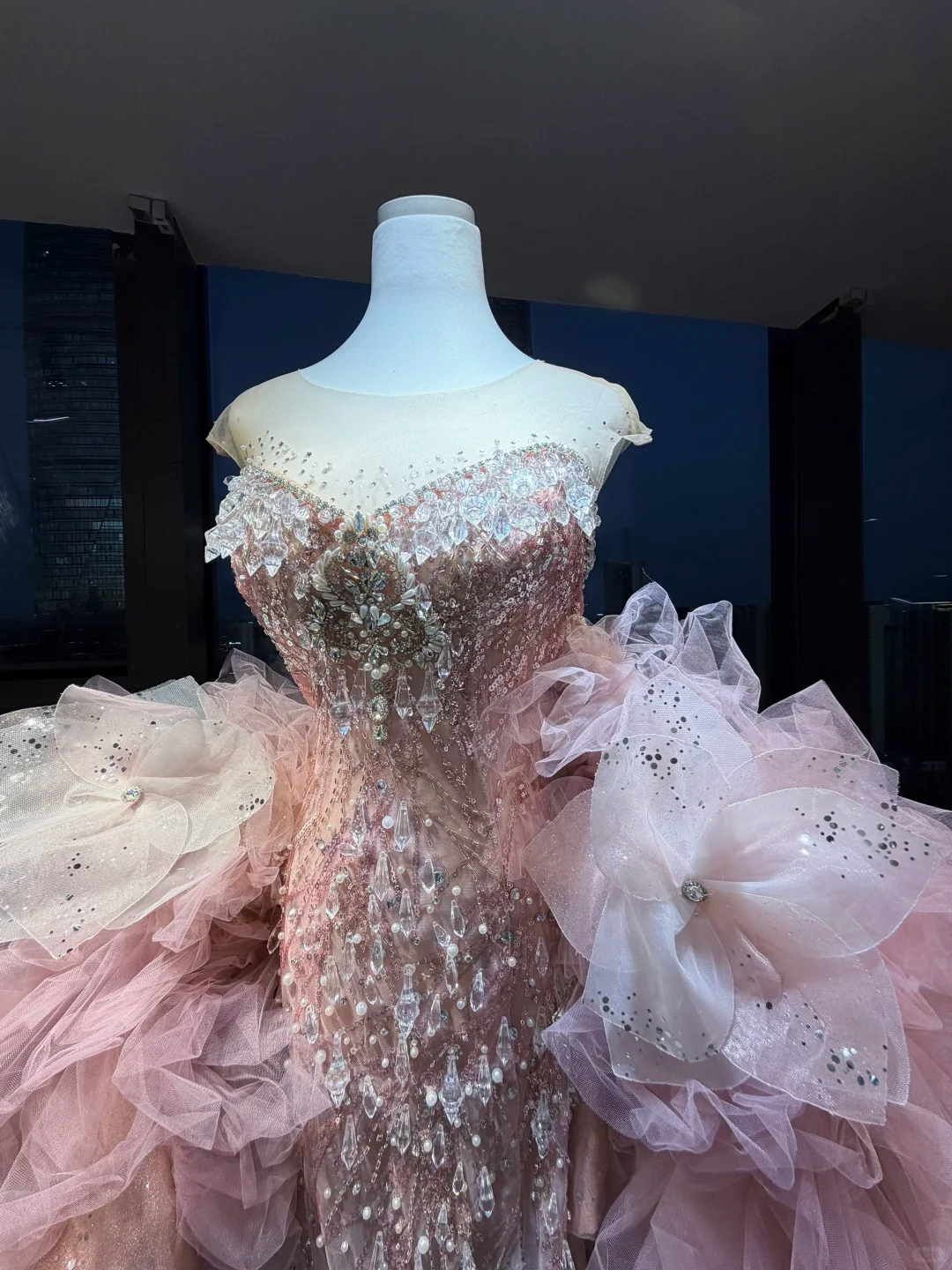 Blush Pink Strapless Mermaid Evening Gown Hand Beaded Rhinestone Sequin 3D Floral Ruffle Tulle Long Prom Dress  NV7013