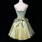 Sage Green Spaghetti Straps Short Prom Dress Rhinestone Trim Satin Bows Voluminous Tulle Mini Formal Gown  NV6894