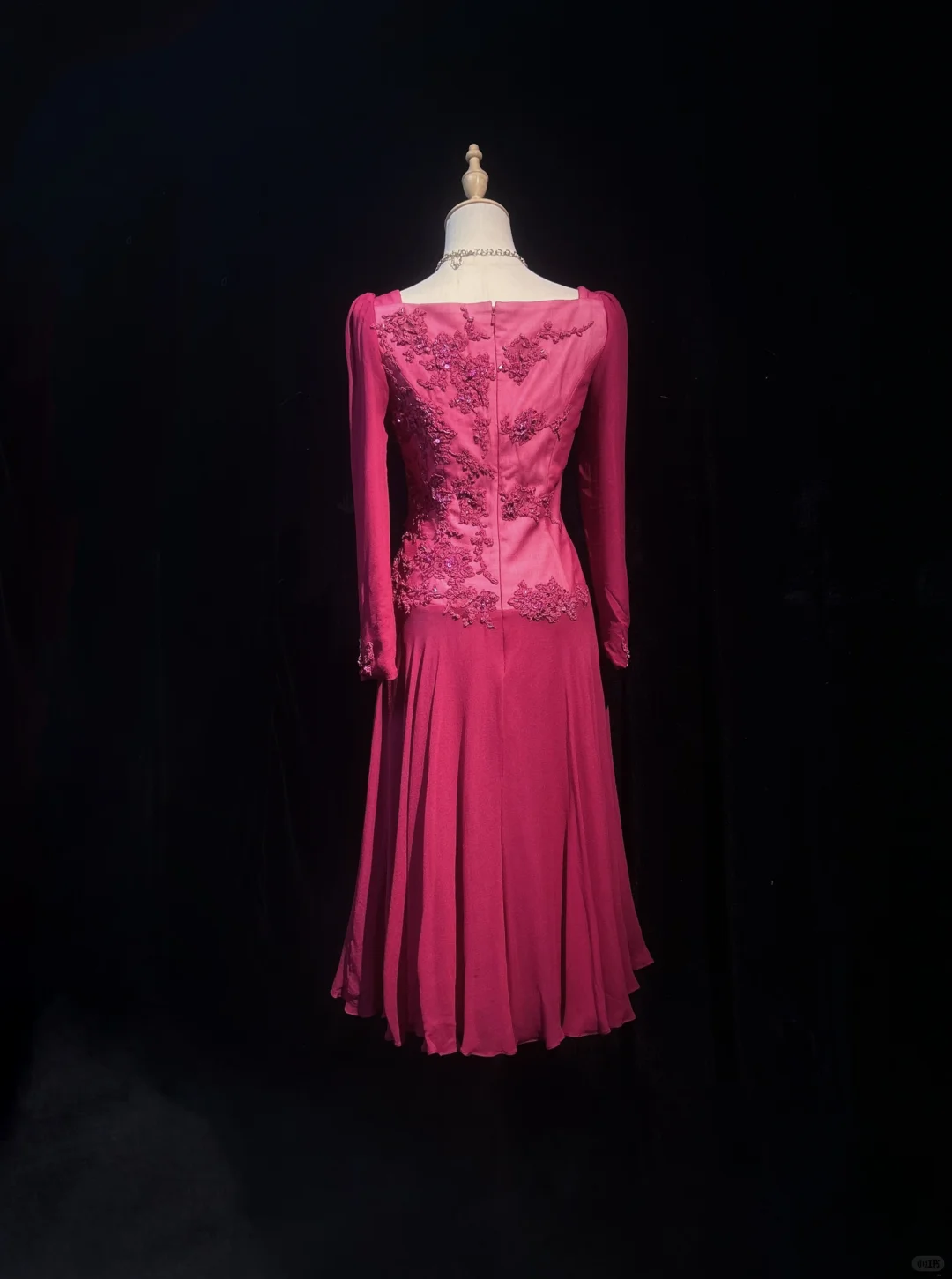 Square Neck Magenta Vintage Midi Prom Dress Long Sleeve Chiffon Lace Floral Appliques Beaded Formal Gown  NV6902