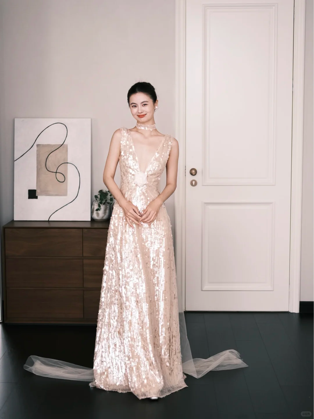 Nude Deep V Allover Sequin Prom Dress 3D Floral Evening Gown  NV7202