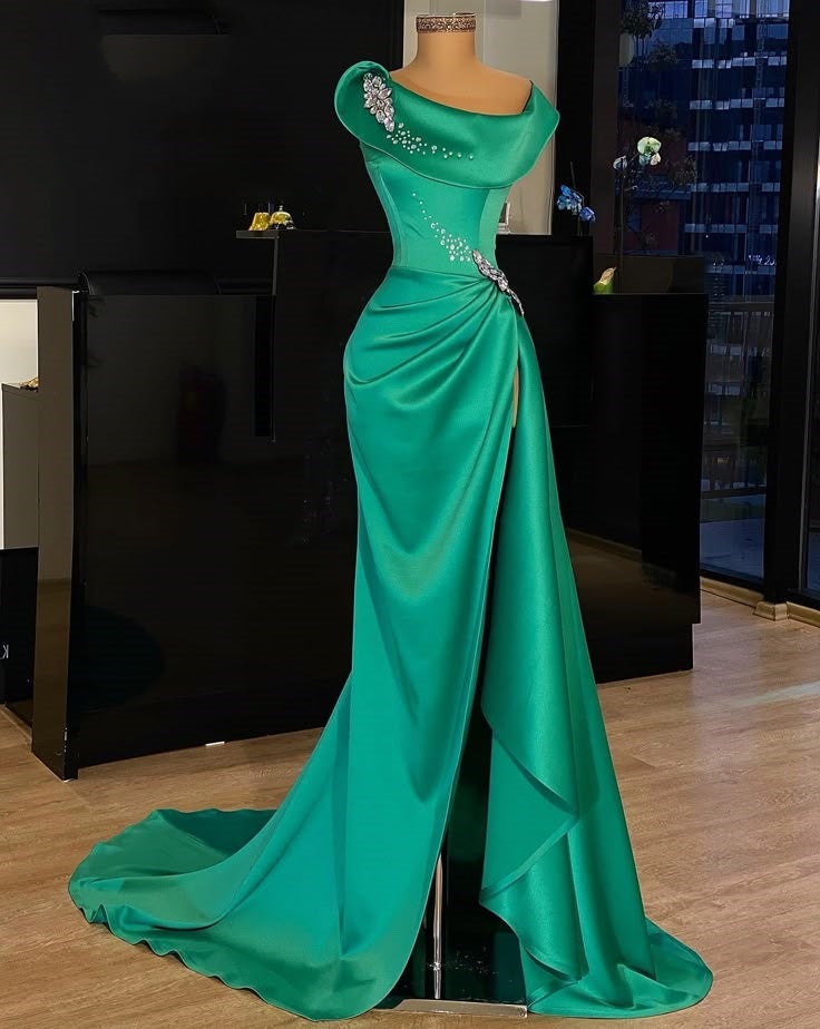 Green Gorgeous Fashionable Elegant Exquisite Baoshi Beaded Long Satin Floor Length Trailing Slit Sexy Prom Dress Evening Dress Birthday Party Dress Prom Dress nv3947