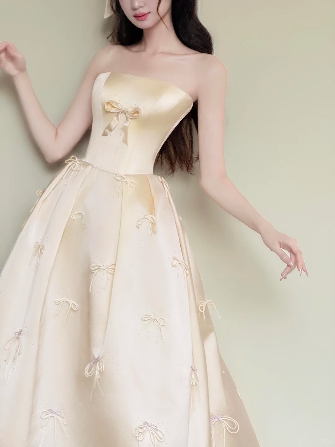 Champagne Strapless Bow Satin Ball Gown Prom Dress  NV7434