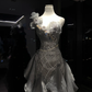 Smoky Gray One Shoulder 3D Flower Ruffled Tulle Mermaid Prom Gown  NV7096
