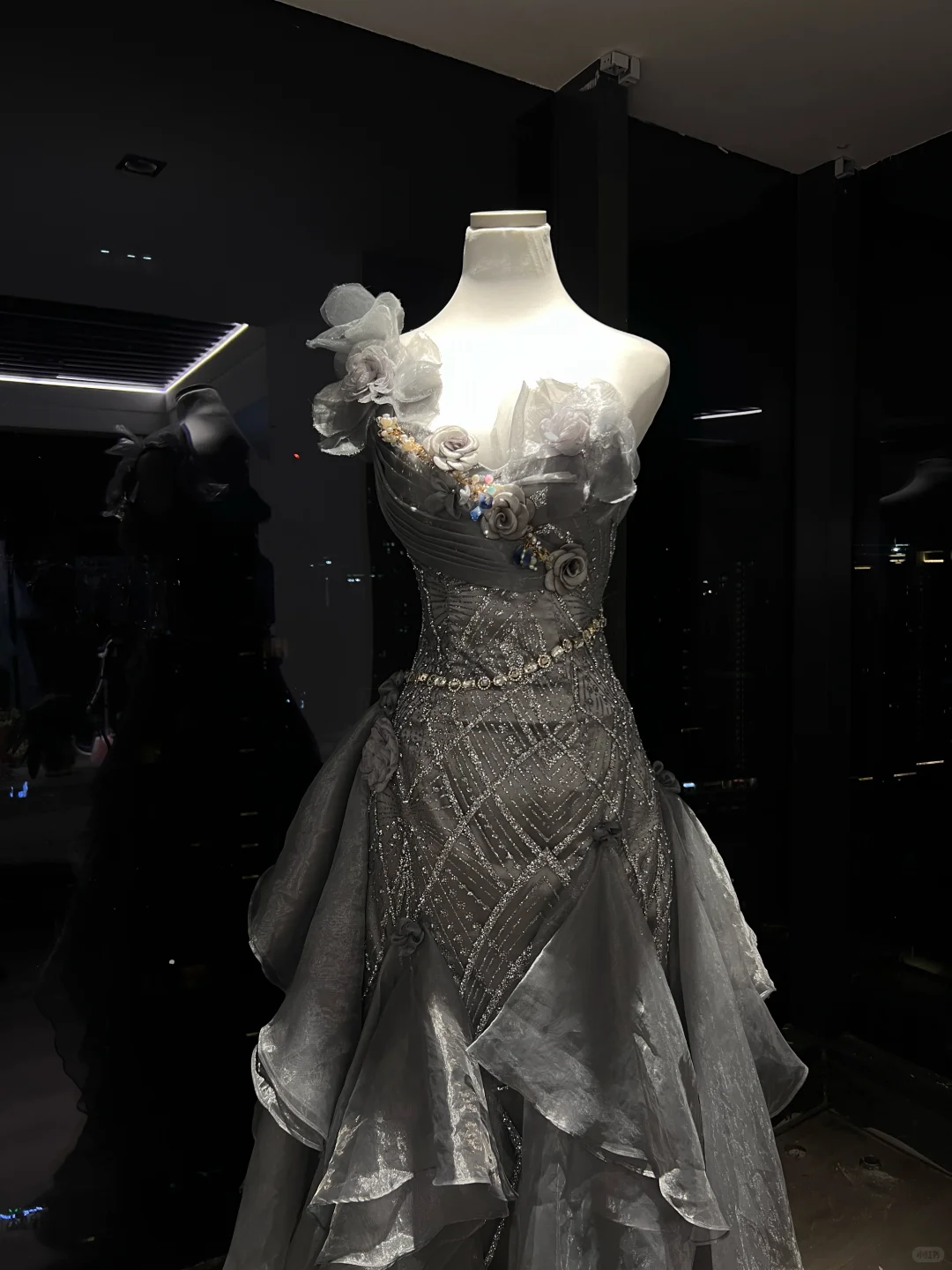 Smoky Gray One Shoulder 3D Flower Ruffled Tulle Mermaid Prom Gown  NV7096