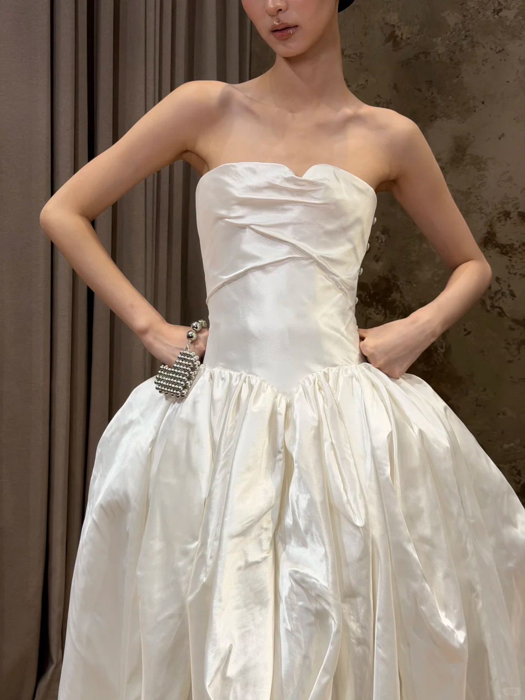 Ivory Strapless Twisted Draped Satin A-Line Wedding Gown  NV7194