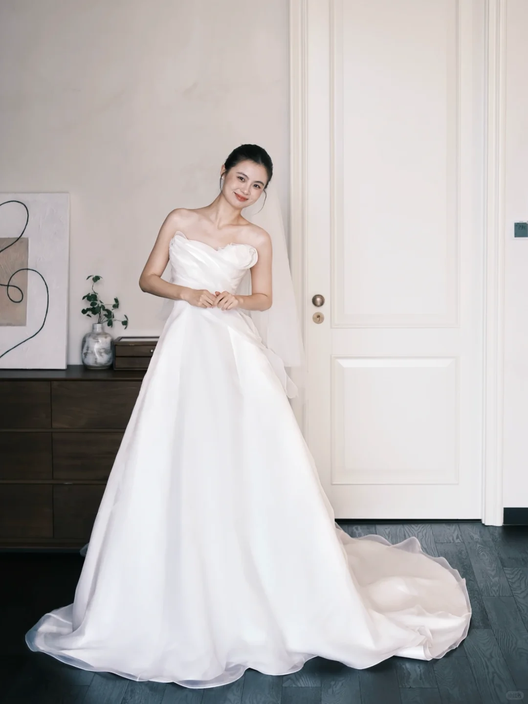 Strapless Ivory Organza Bridal Gown, Ruffle Draped A-line Wedding Dress with Long Train  NV7390