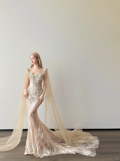 Champagne Sweetheart Sheer Mermaid Dress Beaded Tulle Cape Wedding Gown  NV7145