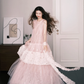 Blush Pink 3D Flower Tulle Prom Dress, Sleeveless Tiered Sparkly Formal Gown  NV7279