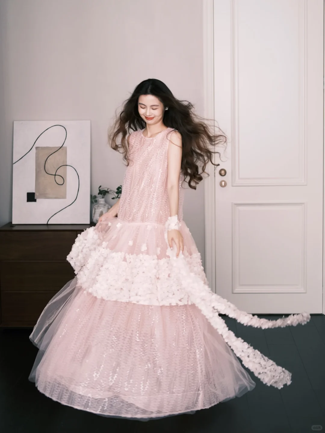 Blush Pink 3D Flower Tulle Prom Dress, Sleeveless Tiered Sparkly Formal Gown  NV7279