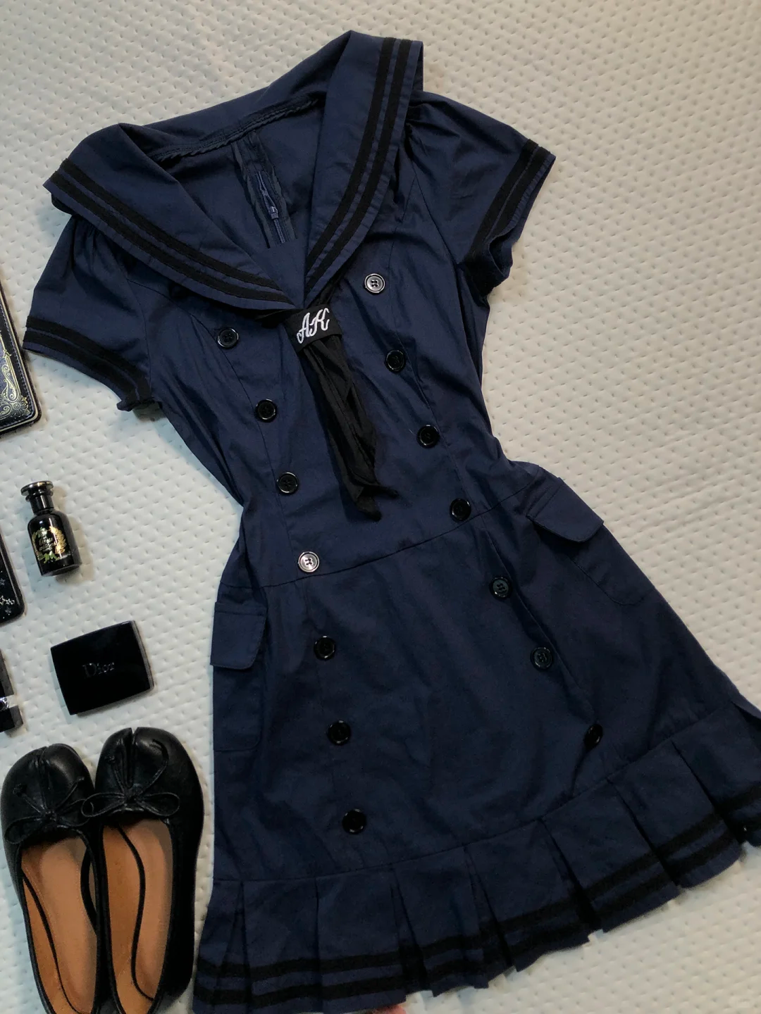 Navy Blue Sailor Short Homecoming Dress Collar Stripe Puff Sleeve Pleated Vintage Cocktail Gown  NV6926