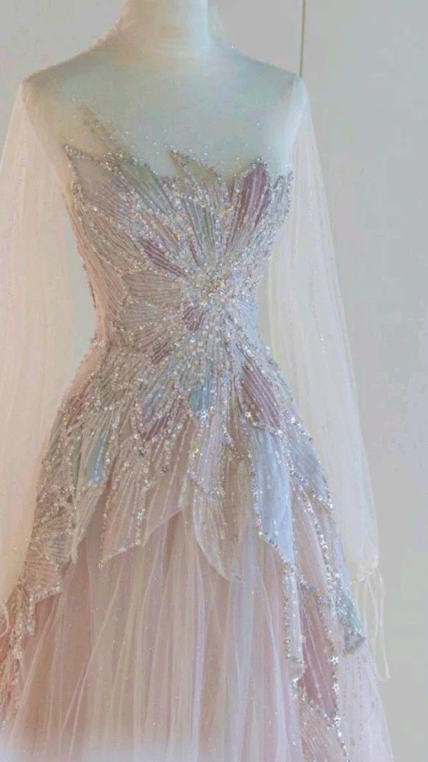 Pink Sweet Sparkling Off-the-shoulder Beaded Long Elegant Tulle Formal Prom Dress Evening Gown nv3475