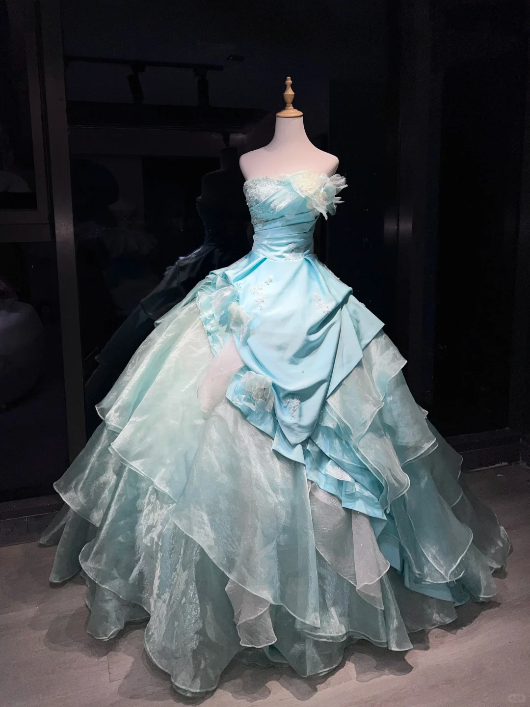Strapless Mint Blue Prom Dress Beaded Embroidery 3D Flower Layered Organza Ball Gown  NV7059