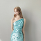 Light Lake Blue One Shoulder Prom Gown Full Sequin Ruched Mermaid Long Evening Dress  NV7155
