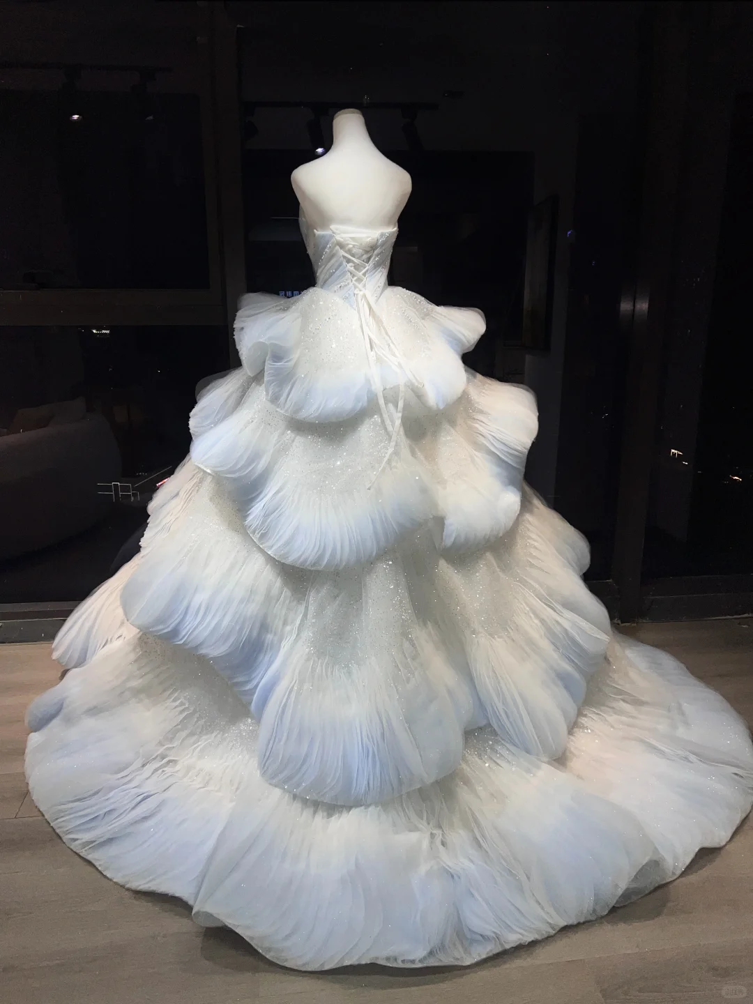 Light Blue Ombre Strapless Tulle Ball Gown, Beaded Tiered Cloud Ruffle Prom Dress  NV7085