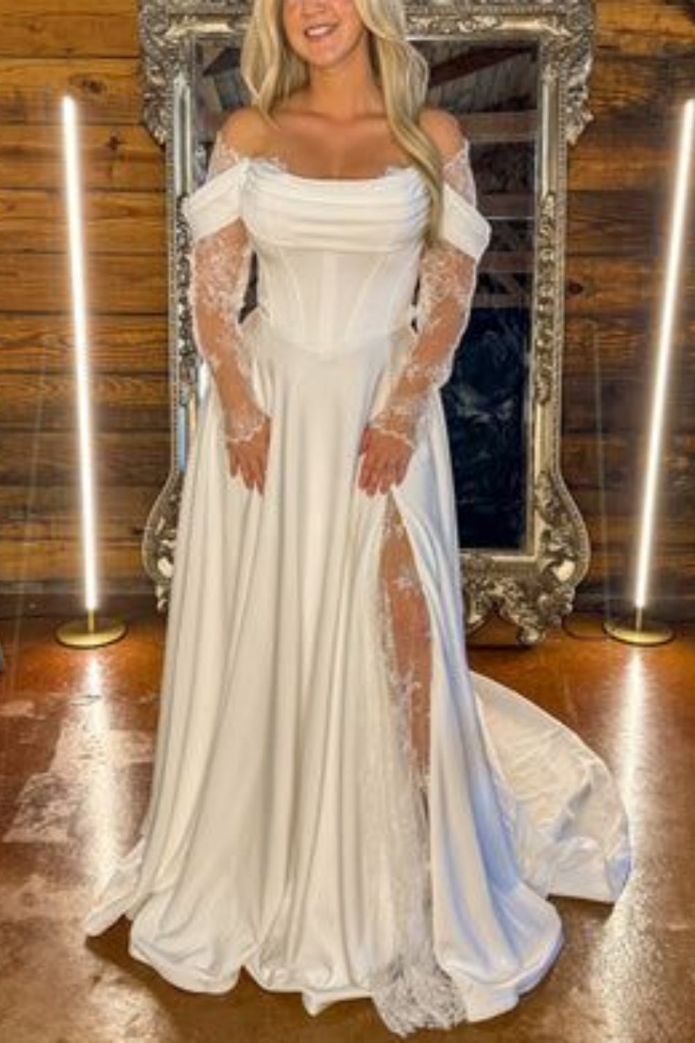 Cream Satin Off-the-Shoulder Lace Sleeve Slit Floor-Length Elegant Wedding Dress NV6232