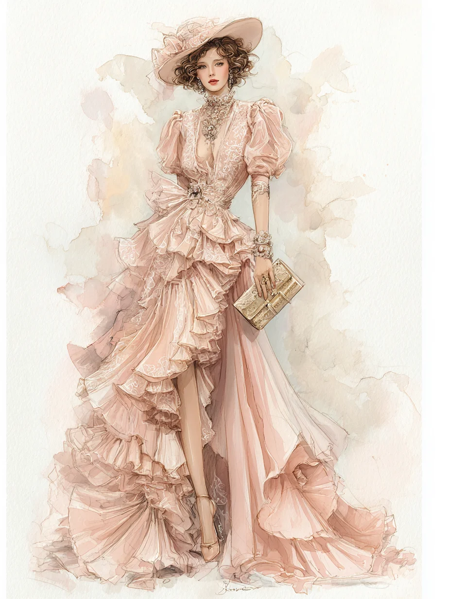 Dusty Pink Vintage Lace Tiered Ruffle High Slit Prom Evening Gown  NV7409