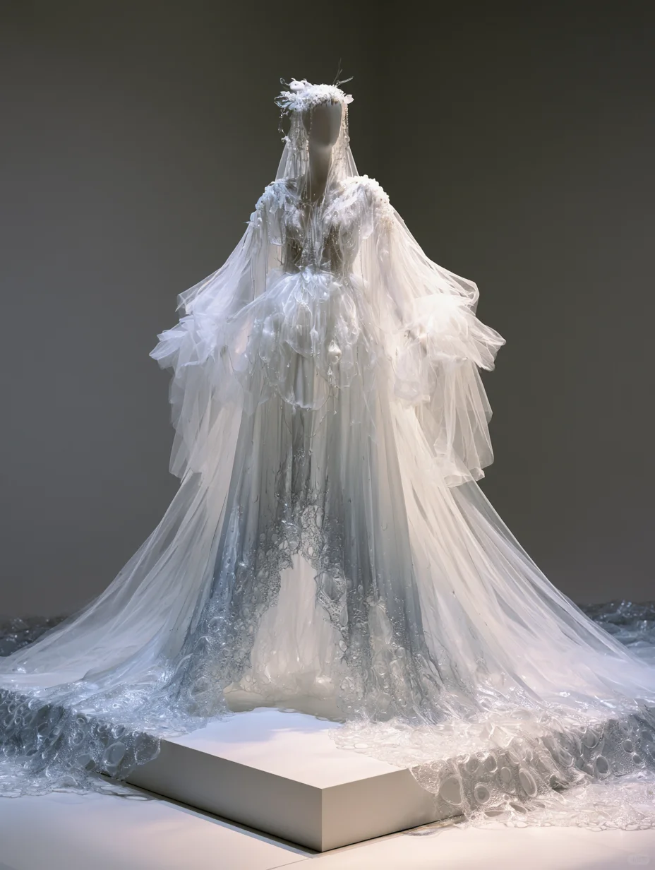 Gradient Ocean Wedding Dress, Sheer Layered Tulle, Bubble Lace, Long Train, Fantasy Bridal Gown  NV7482
