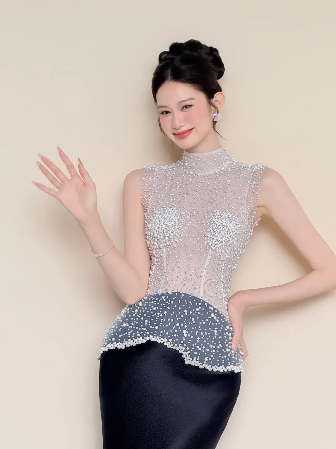High Neck Sheer Rhinestone Black Satin Mermaid Evening Gown  NV7423
