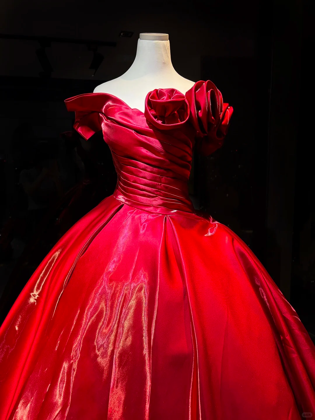 Off Shoulder Bright Red Satin Prom Dress 3D Rose Ruching Glossy Ball Gown  NV6983