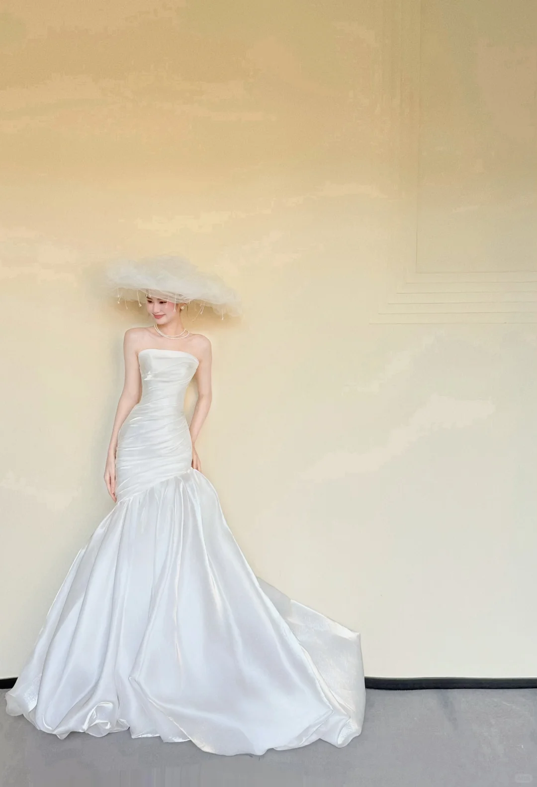 Strapless Ruched Satin Mermaid Wedding Gown, Simple Bridal Dress with Train  NV7416