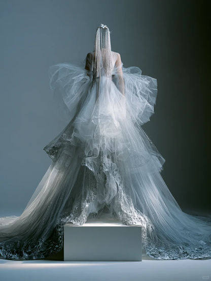 Ombre Gray Layered Tulle Wedding Gown with Oversized Bow and Bubble Lace Train  NV7483