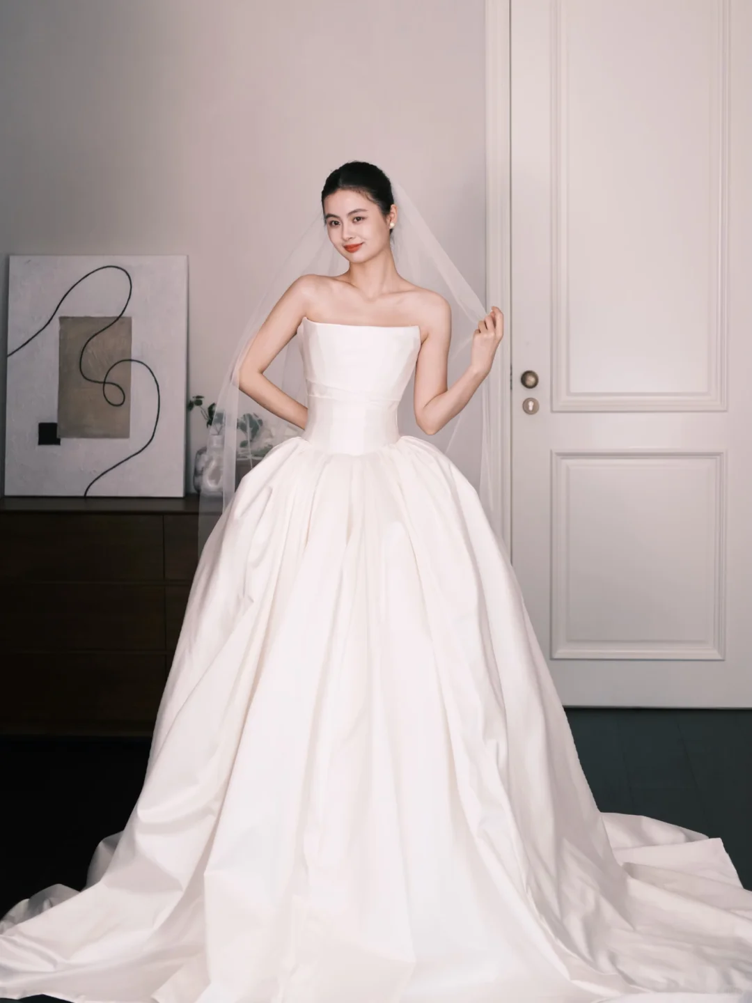 Strapless Satin Wedding Gown, Minimalist A Line Bridal Dress with Long Train  NV7348