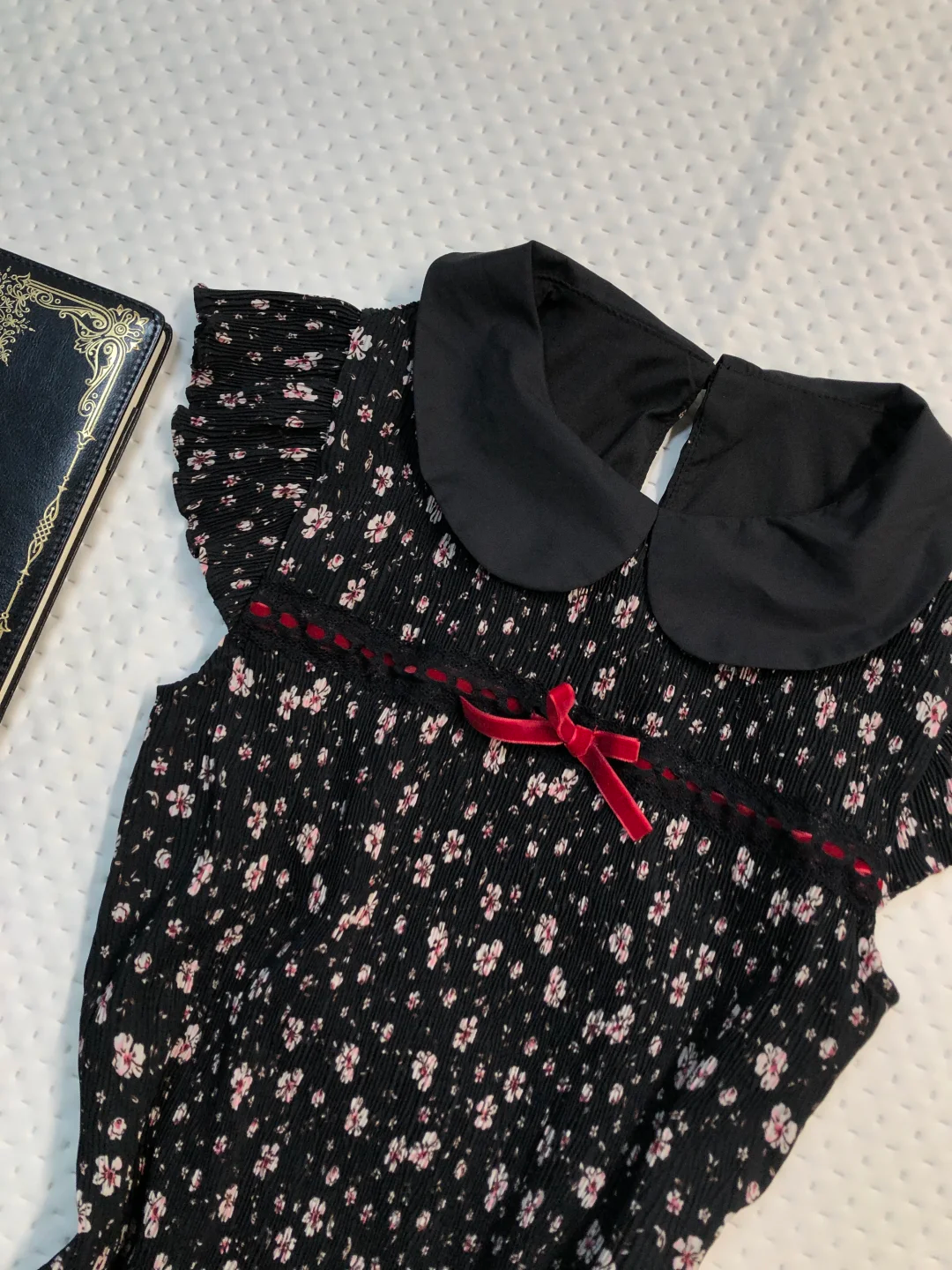 Black Floral Short Homecoming Dress Peter Pan Collar Flutter Sleeve Lace Hem Vintage Cocktail Gown  NV6927