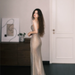 Strapless Champagne Rhinestone Mesh Prom Dress with High Side Slit  NV7378
