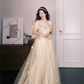 Off-the-Shoulder Champagne Sequin Tulle Prom Dress, 3D Flower Princess Ball Gown  NV7309