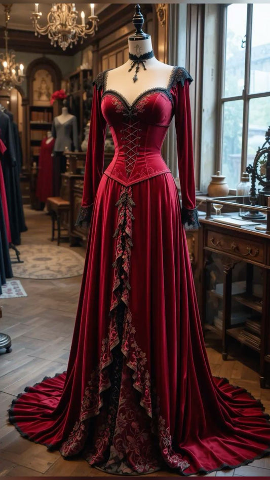 Robe gothique longue à manches longues et empiècements de dentelle en velours bordeaux NiceVestidos NV6190