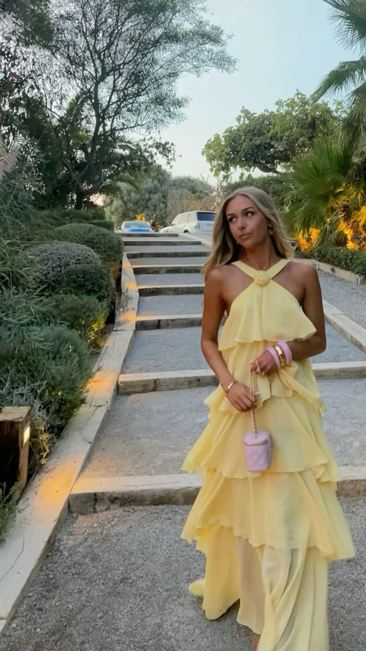 💛Yellow suspender chiffon long prom dress nv5198