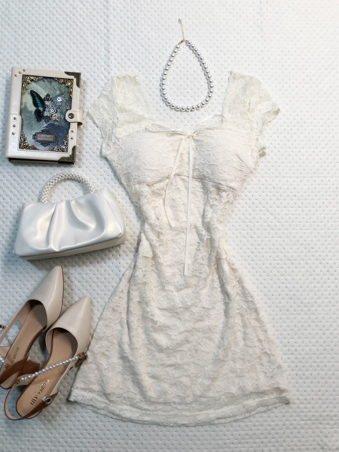 Ivory Lace Short Homecoming Dress Square Neck Flutter Sleeve Bow Tie Vintage Cocktail Gown  NV6931