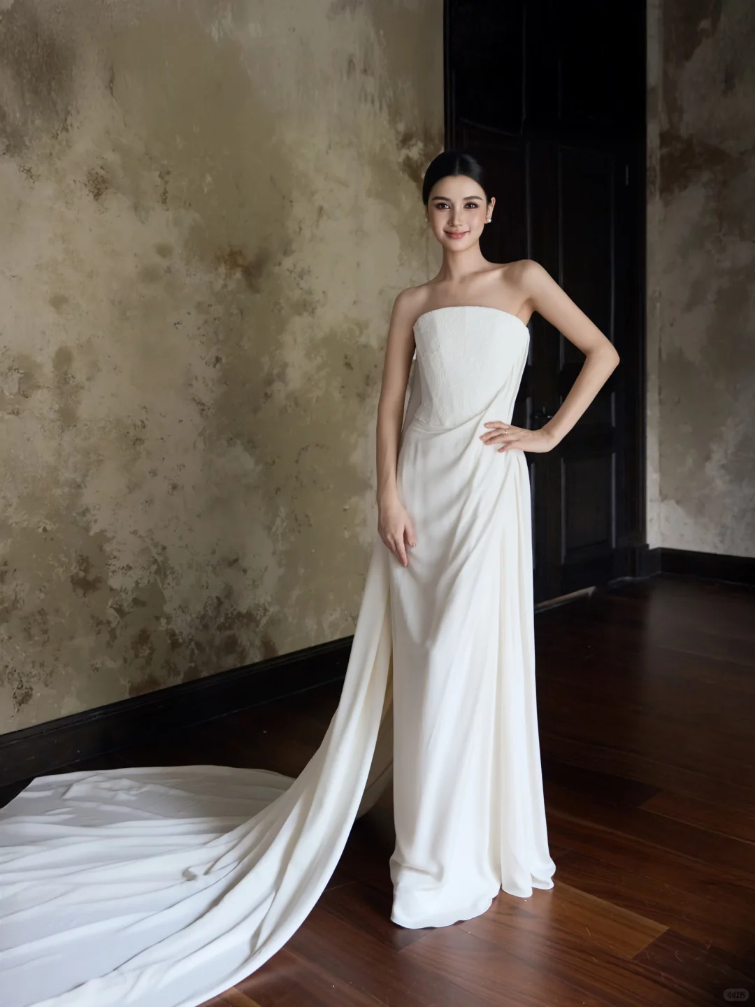 Ivory Strapless Chiffon Mermaid Wedding Gown with Draped Train  NV7197