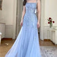Blue stylish elegant exquisite embroidered spaghetti straps long tulle off-shoulder floor-length ball gown, evening dress, party dress nv3716
