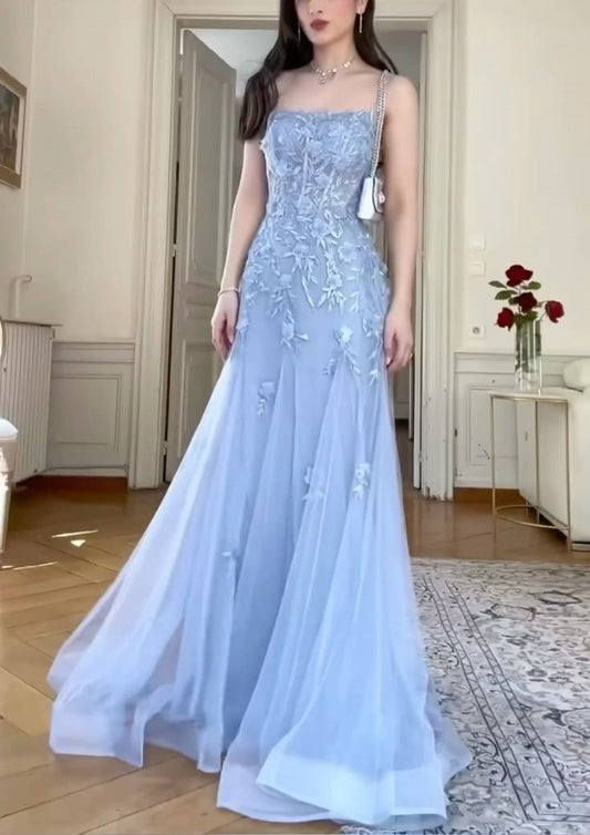Blue stylish elegant exquisite embroidered spaghetti straps long tulle off-shoulder floor-length ball gown, evening dress, party dress nv3716