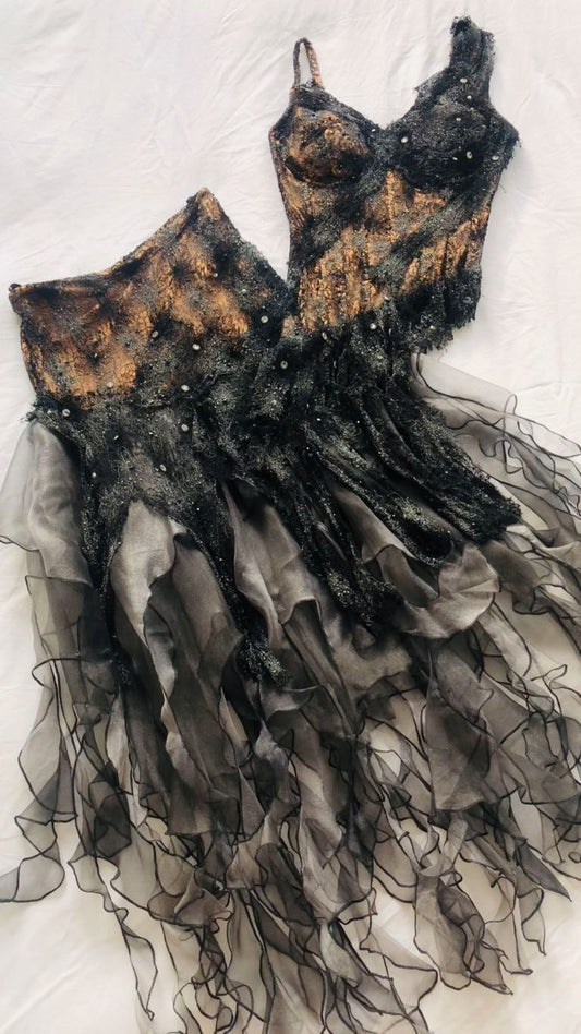 Brown Black Shiny Delicate Floral Beading Long Chiffon Tulle Vintage Fairy Rock Fantasy Corset Suit Party Dress nv5349