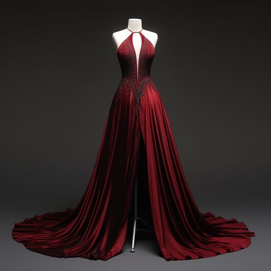 Robe longue à traîne ornée de perles, col halter, en satin bordeaux NiceVestidos NV6216