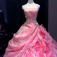 Hot Pink Ombre Strapless Ball Gown Beaded Lace 3D Rose Ruffle Tulle Prom Dress  NV6951