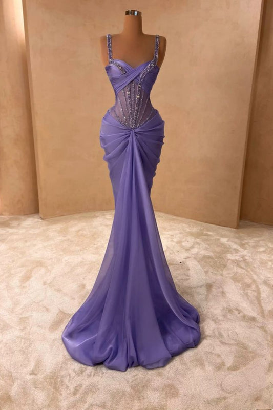 Robe de bal longue en tulle satiné violet délicat ornée de perles NiceVestidos NV6140