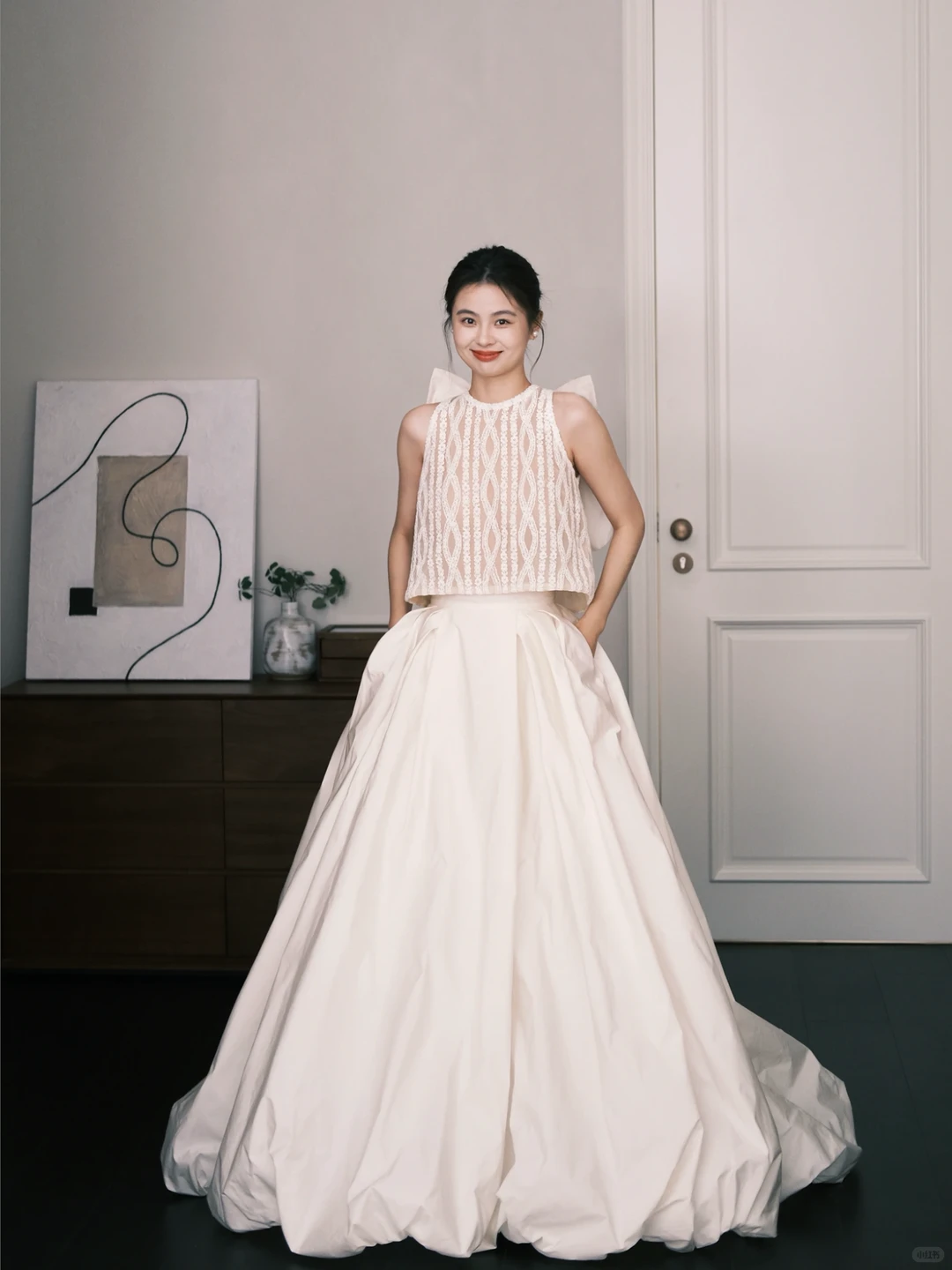Two Piece Halter Lace Satin Wedding Dress with Back Bow and Pockets  NV7381