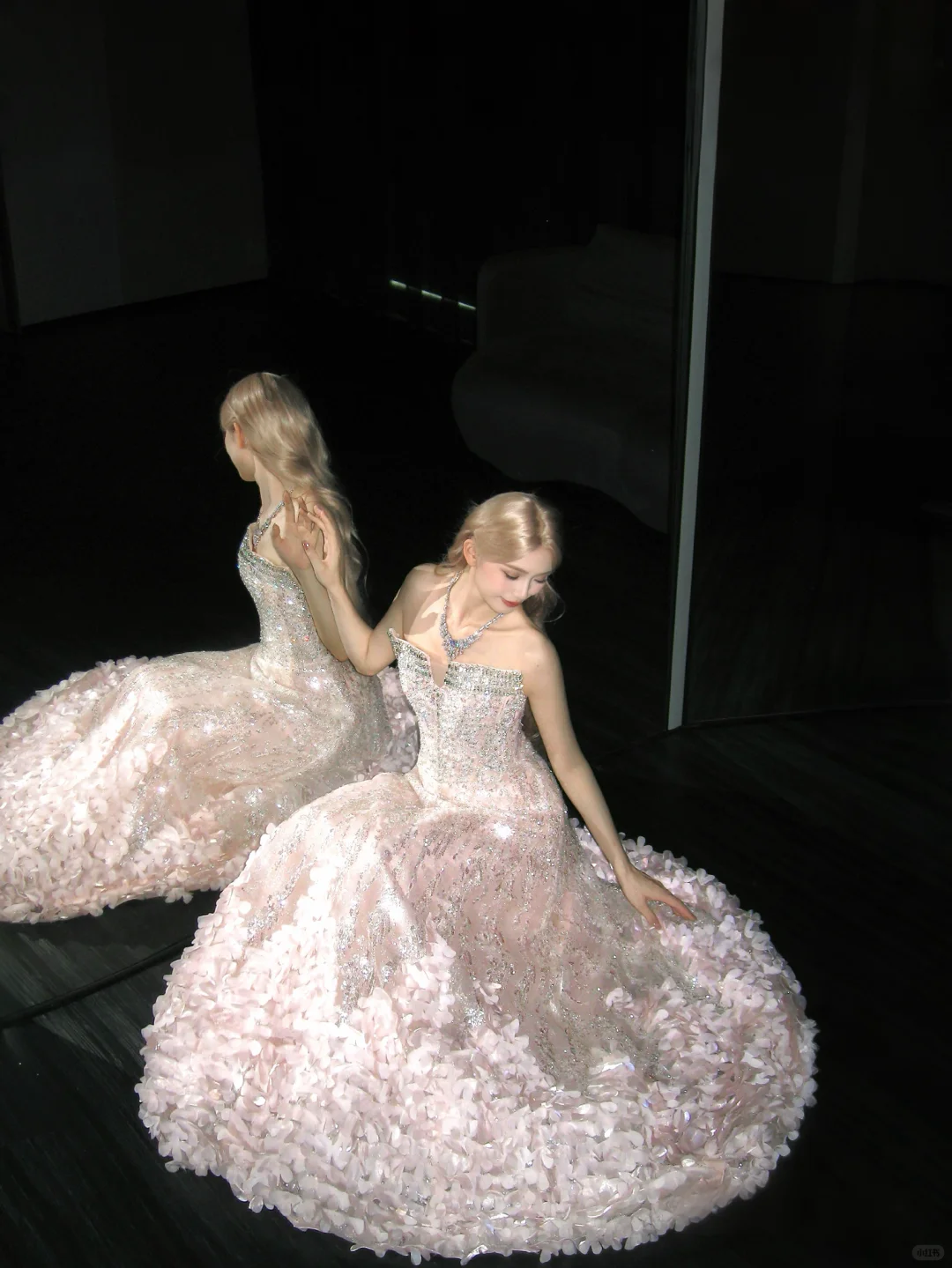 Strapless Light Pink Ball Gown Prom Dress, Sequin 3D Petal Evening Gown  NV7107