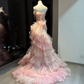 Pink Strapless Mermaid Dress 3D Floral Tiered Glitter Tulle Long Train Fairy Prom Gown  NV6936